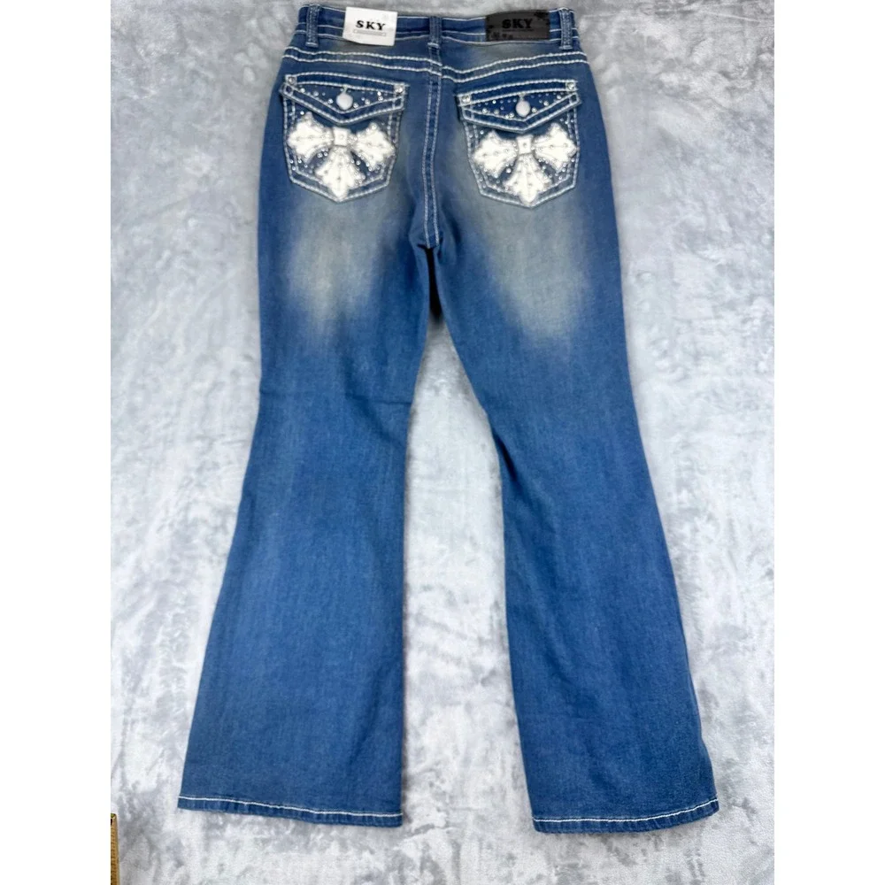 New Women 11/12 Flare Blue Denim Embellished jeans embroidered Bootcut wide leg - Picture 4 of 10